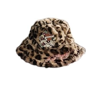 Ed Hardy Faux Fur Bucket Hat‎ Love Kills Slowly Cheetah Print